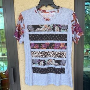 Johnny Was Gray Floral and Animal Print Short Sleeve Tee
